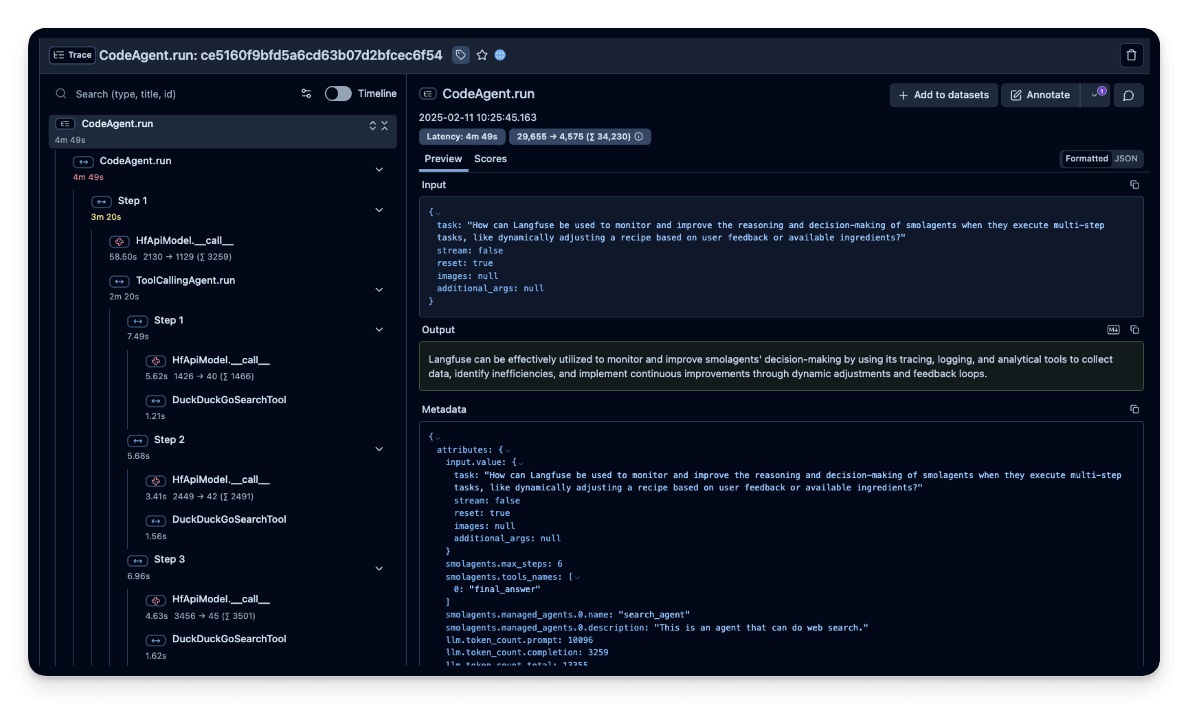 Smolagents Example trace in Langfuse